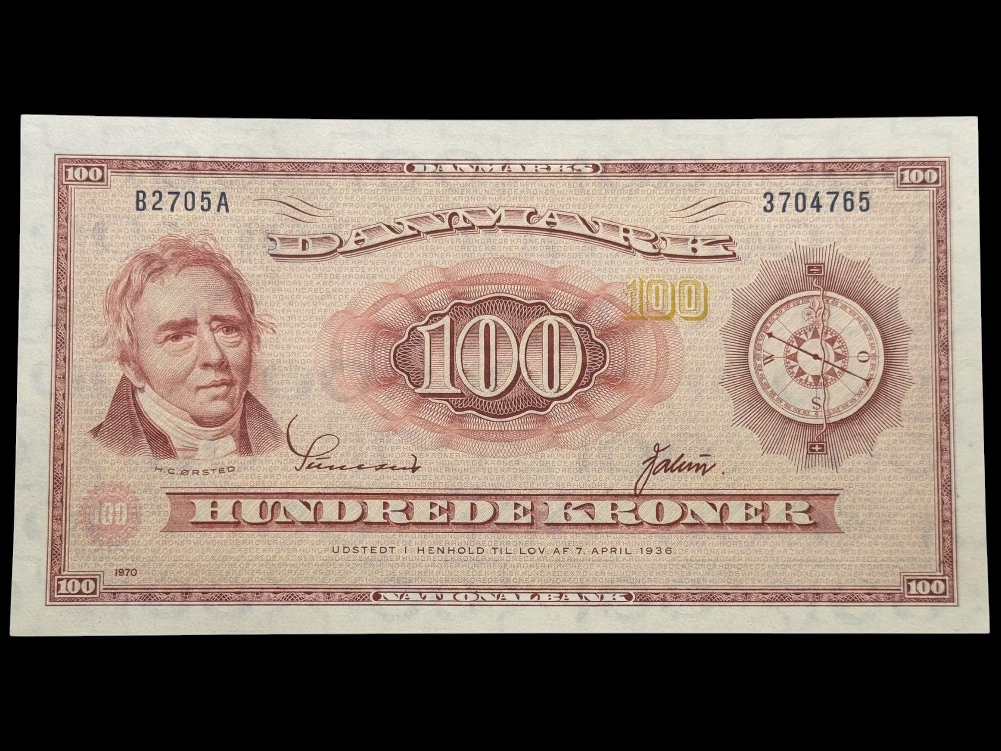 100 kroner 1970 B2, Valuer/Sunesen, Nr. 3704765, Sieg 137, DOP 146, Pick 46, Kva. 0