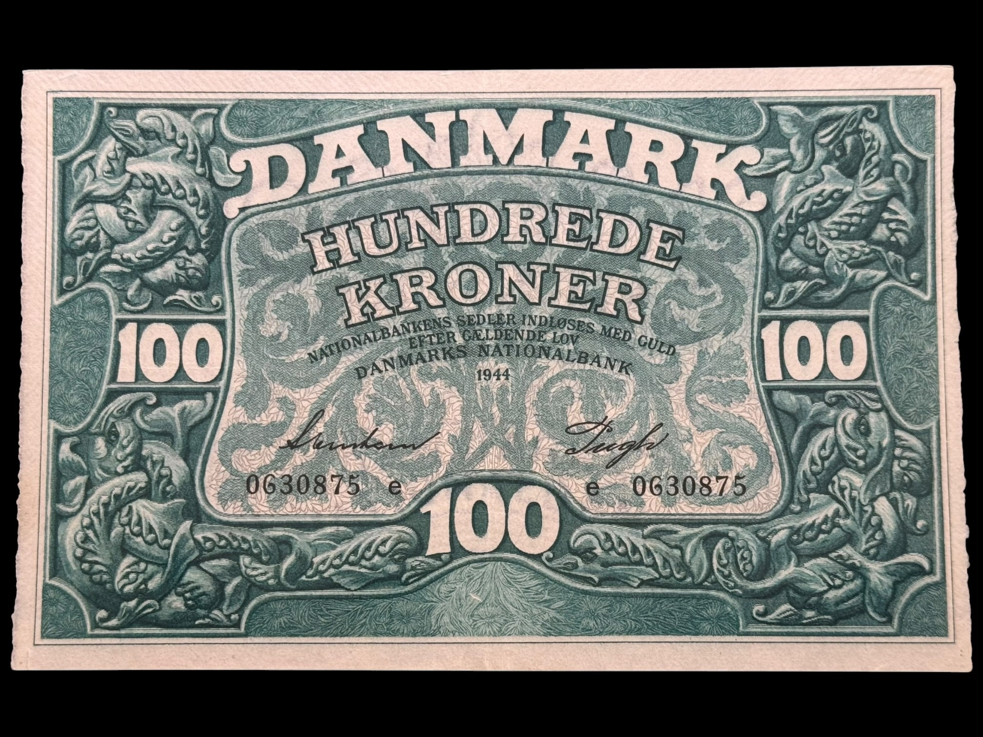 100 kroner 1944 e, Svendsen/Pugh, Nr. 0630875, Sieg 125, DOP 134, Pick 39, Kva. 01