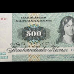 500 kroner 1980 A3, Billestrup/O. Thomasen, Nr. 3620967, Sieg 144, DOP 152, Pick 52, Kva. 0 "SPECIMEN" sjælden prøveseddel
