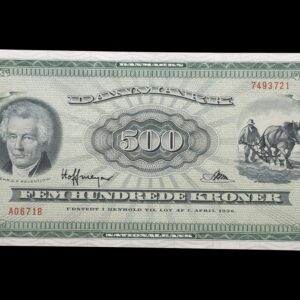 500 kroner 1967 A0, Riim/Hoffmeyer, Nr. 7493721, Sieg 138, DOP 147, Pick 47, Kva. 0 "Pragt eksemplar"