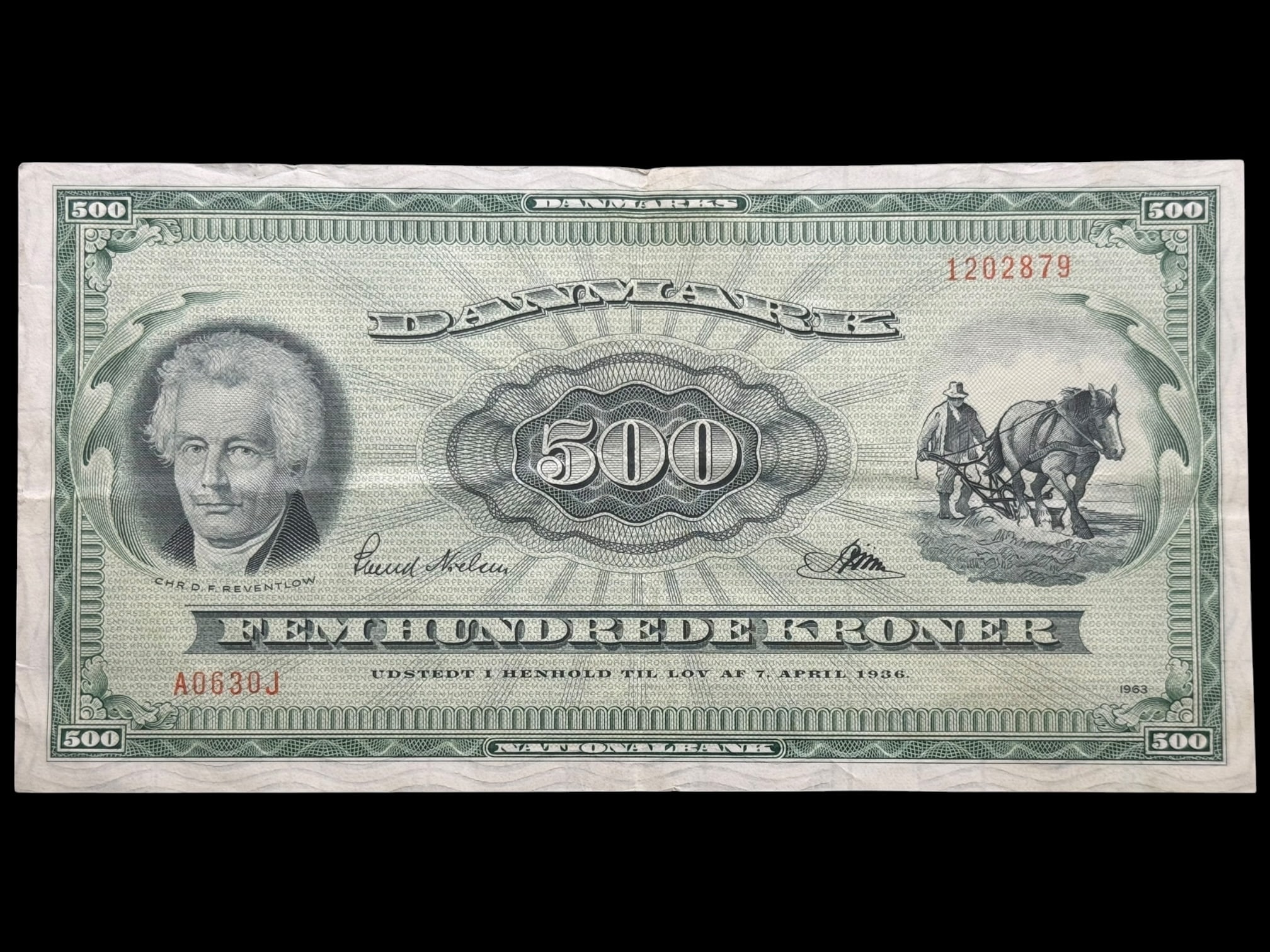 500 kroner 1963 A0 0J, Riim/Svend Nielsen, Nr. 1202879, Sieg 138, DOP 147, Pick 47, Kva. 1-1+