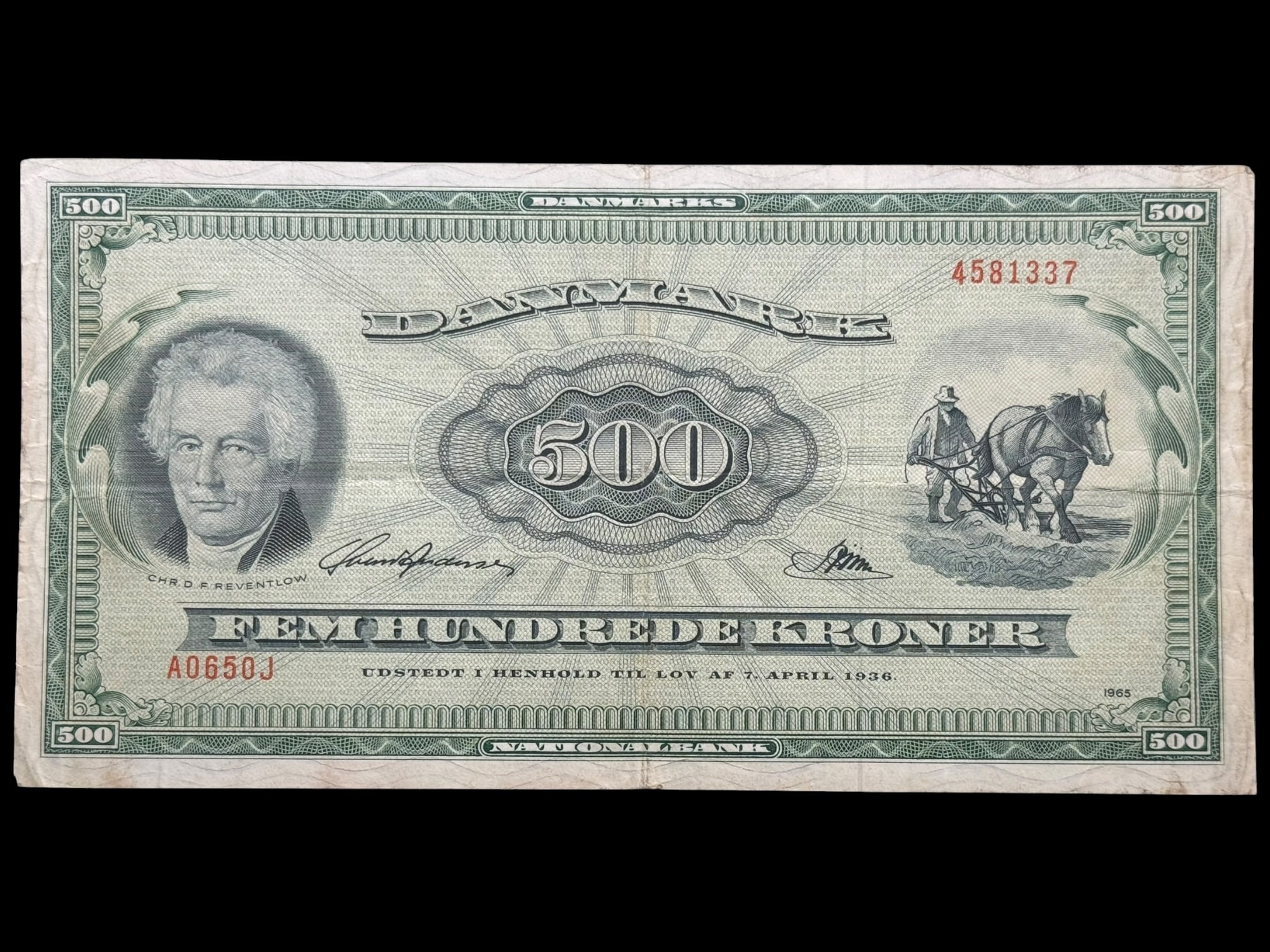 500 kroner 1965 A0 0J, Riim/Svend Andersen, Nr. 4581337, Sieg 138, DOP 147, Pick 47, Kva. 1