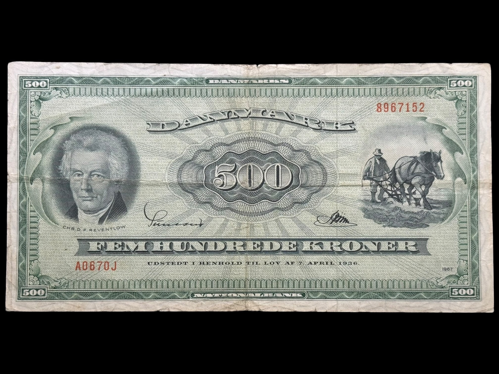 500 kroner 1967 A0 0J, Riim/Sunesen, Nr. 8967152, Sieg 138, DOP 147, Pick 47, Kva. 1-1-