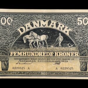 500 kroner 1939 A, Svendsen/Friis, Nr. 0229525, Sieg 114, DOP 127, Pick 34, Kva. 01, Udlånt til Museumet "Papir Museumet Silkeborg" til udstilling"