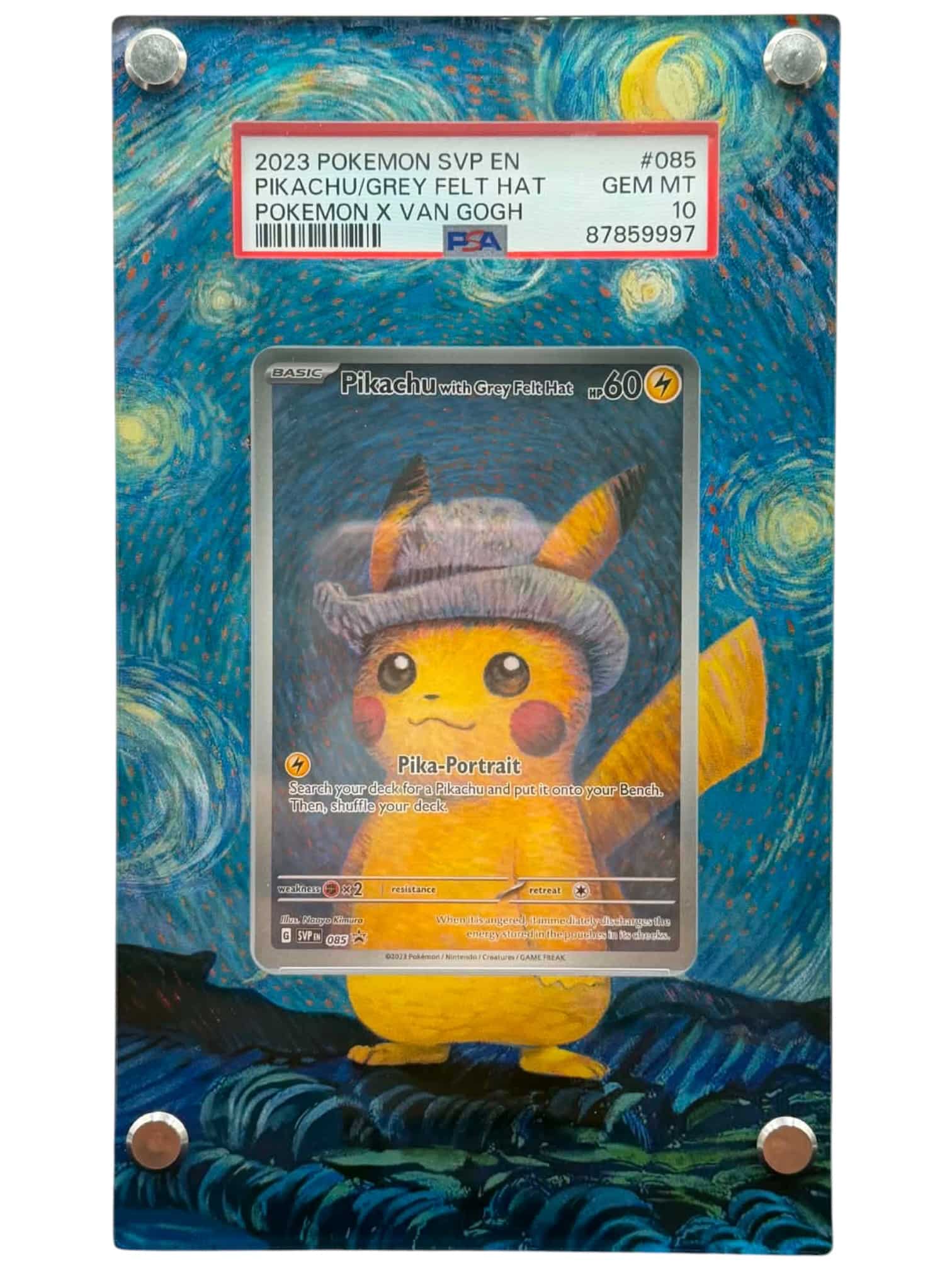 Pokemon TCG, 2023 Pokemon, Scarlet and Violet, Black Star Promo, Pokemon X Van Gogh, Pikachu With Grey Felt Hat, #085 PSA 10