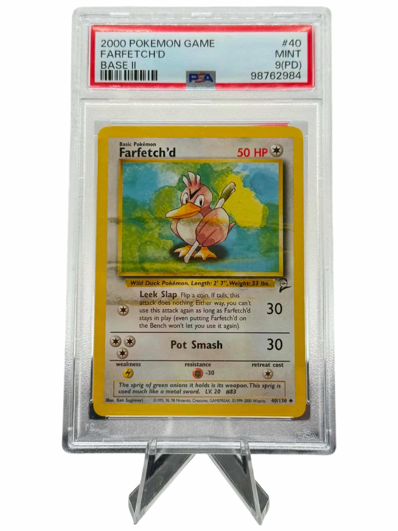 Pokemon TCG, 2000 Pokemon, Base Set 2, Farfetch'D #40, PSA 9 PD "Print Defect" Error card.