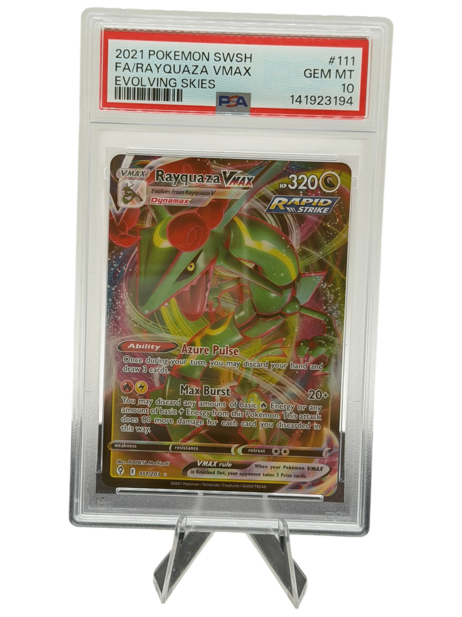 Pokemon TCG, 2021 Pokemon, Sword and Shield, Evolving Skies, Rayquaza Vmax #111, PSA 10