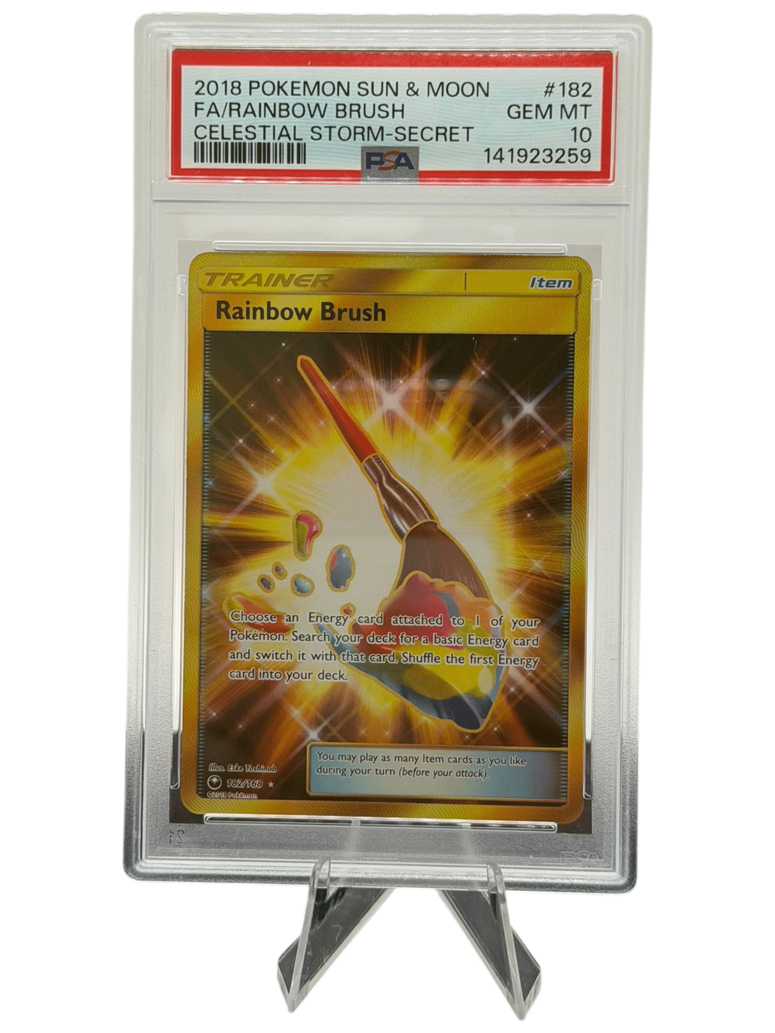Pokemon TCG, 2018 Pokemon, Sun and Moon, Celestial Storm, Rainbow Brush #182, PSA 10, POP 43