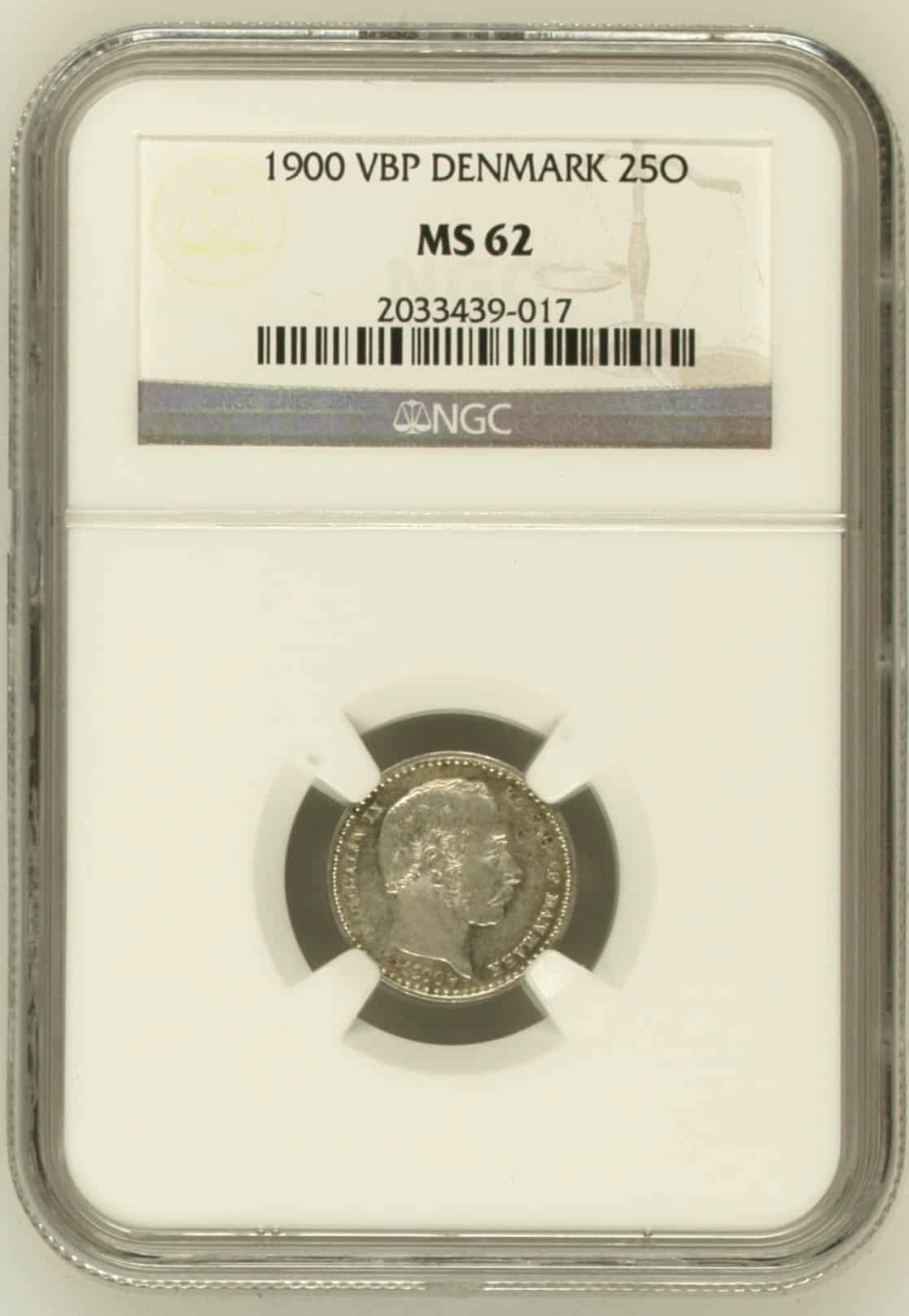 1900, 25 øre, Chr.IX, Sieg 1.2, Hede 15B, Kva. 0-01, Graderet MS 62 af NGC.