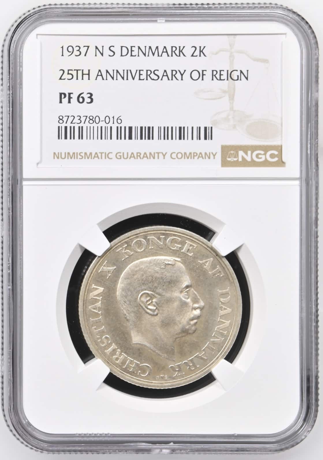 1937, 2 kroner, Chr.X, Chr.X 25-års regeringsjubilæum, Sieg 8, Hede 6, Kva. Proof, Graderet PF 63 af NGC "TOP POP"