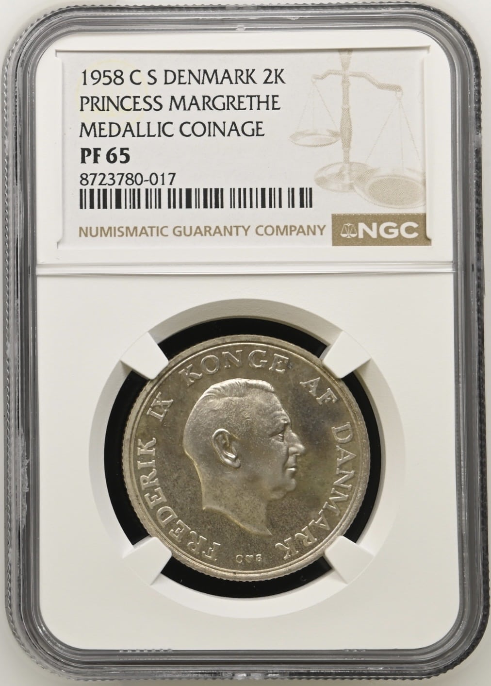 1958, 2 kroner, Fre.IX, Prinsesse Margrethes 18-års fødselsdag, Sieg 11, Hede 3, Kva. Proof, Graderet PF 65 af NGC “TOP POP”