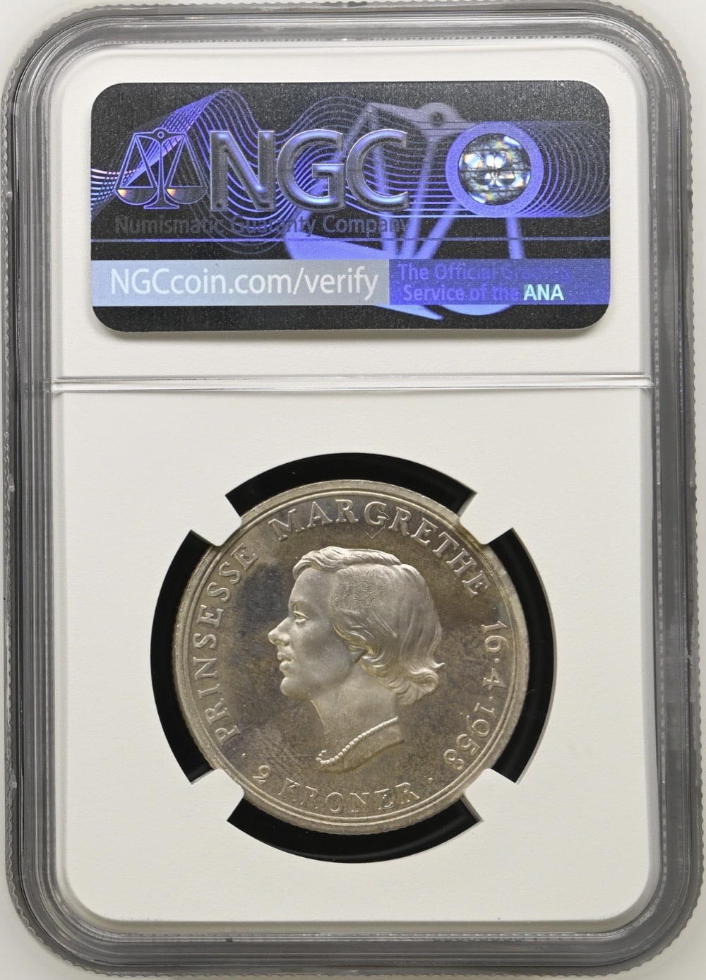 1958, 2 kroner, Fre.IX, Prinsesse Margrethes 18-års fødselsdag, Sieg 11, Hede 3, Kva. Proof, Graderet PF 65 af NGC “TOP POP” - Image 2