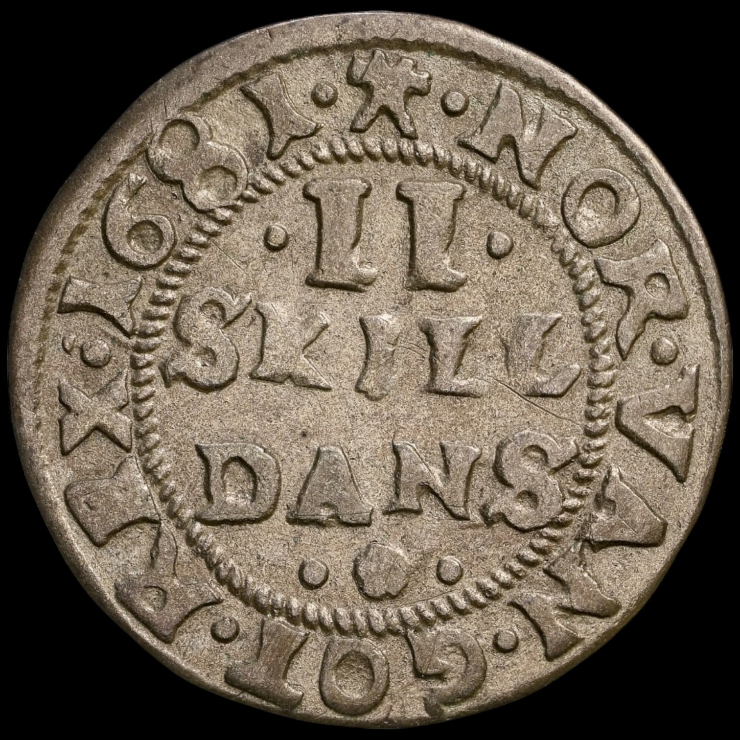 1681, 2 skilling, Glückstadt, Chr.V, Sieg 129, Hede 123, Schou 53, Bruun 6956, Kva. 1+, Graderet XF Details Cleaned af NGC, ex. L.E.Bruun “original samleretiket medfølger” - Image 3