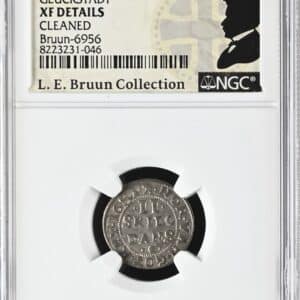 1681, 2 skilling, Glückstadt, Chr.V, Sieg 129, Hede 123, Schou 53, Bruun 6956, Kva. 1+, Graderet XF Details Cleaned af NGC, ex. L.E.Bruun “original samleretiket medfølger”