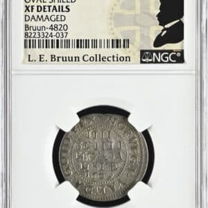 1609, 4 skilling, Chr.IV, Sieg 39.1, Hede 78A, Schou 37, Bruun 4820, Kva. 1-1+, Graderet XF Details Damaged af NGC, ex. L.E.Bruun “original samleretiket medfølger”