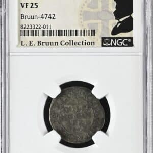 1607, 2 skilling, Chr.IV, Sieg 30.2, Hede 79B, Schou 31 Bruun 4742, Kva. 1, Graderet VF 25 af NGC, ex. L.E.Bruun “original samleretiket medfølger” Sjælden årgang.