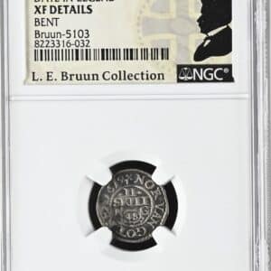 1619, 2 kroneskilling, Chr.IV, Sieg 32.1, Hede 112A, Schou 119, Bruun 5103, Kva. 1-1+, Graderet XF Details Bent af NGC, ex. L.E.Bruun “original samleretiket medfølger”
