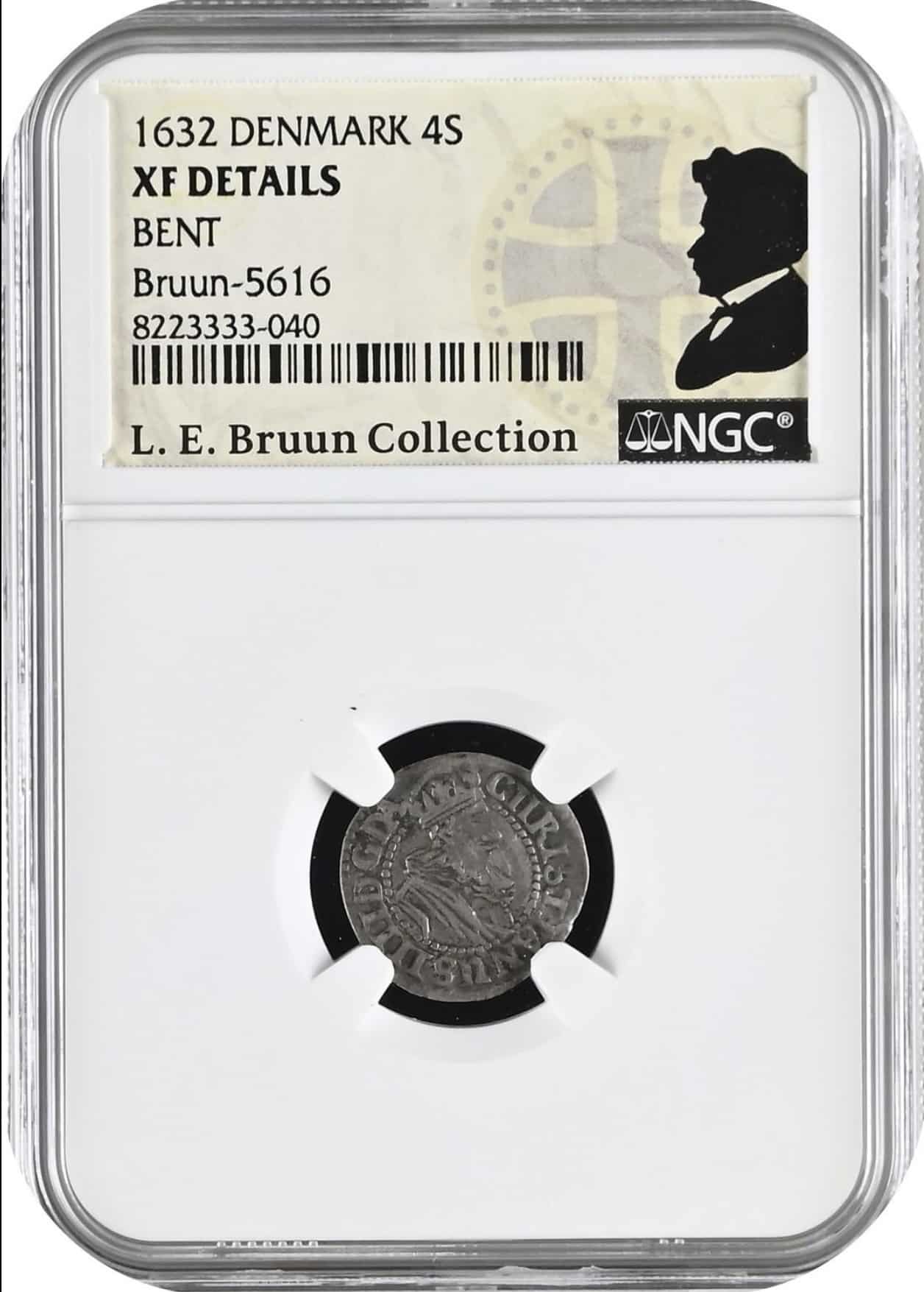 1632, 4 skilling, Chr.IV,Sieg 46.2, Hede 142, Schou 14, Bruun 5616, Kva. 1+, Graderet XF Details Bent af NGC, ex. L.E.Bruun “original samleretiket medfølger”