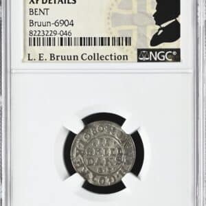 1680, 2 skilling, Glückstadt, Chr.V, Sieg 8.1, Hede 74B, Schou 34, Bruun 6904, Kva. 1+, XF Details Bent af NGC, ex. L.E.Bruun “original samleretiket medfølger”