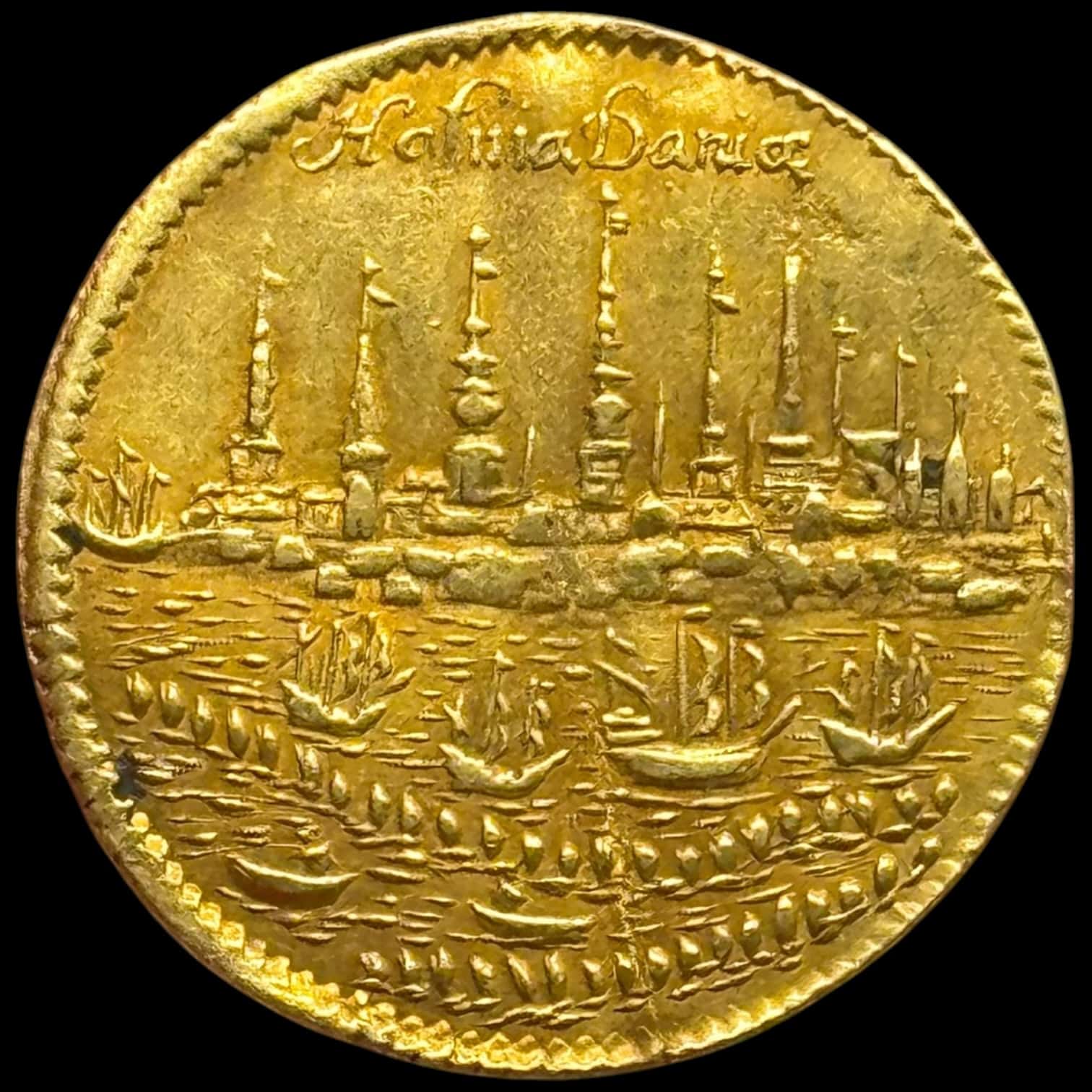 "1699", Dukat u.år "Hafnia dukat", Chr.V, Sieg 113, Hede 55, 3,48g, Kva. 1+-01 svag buklet.