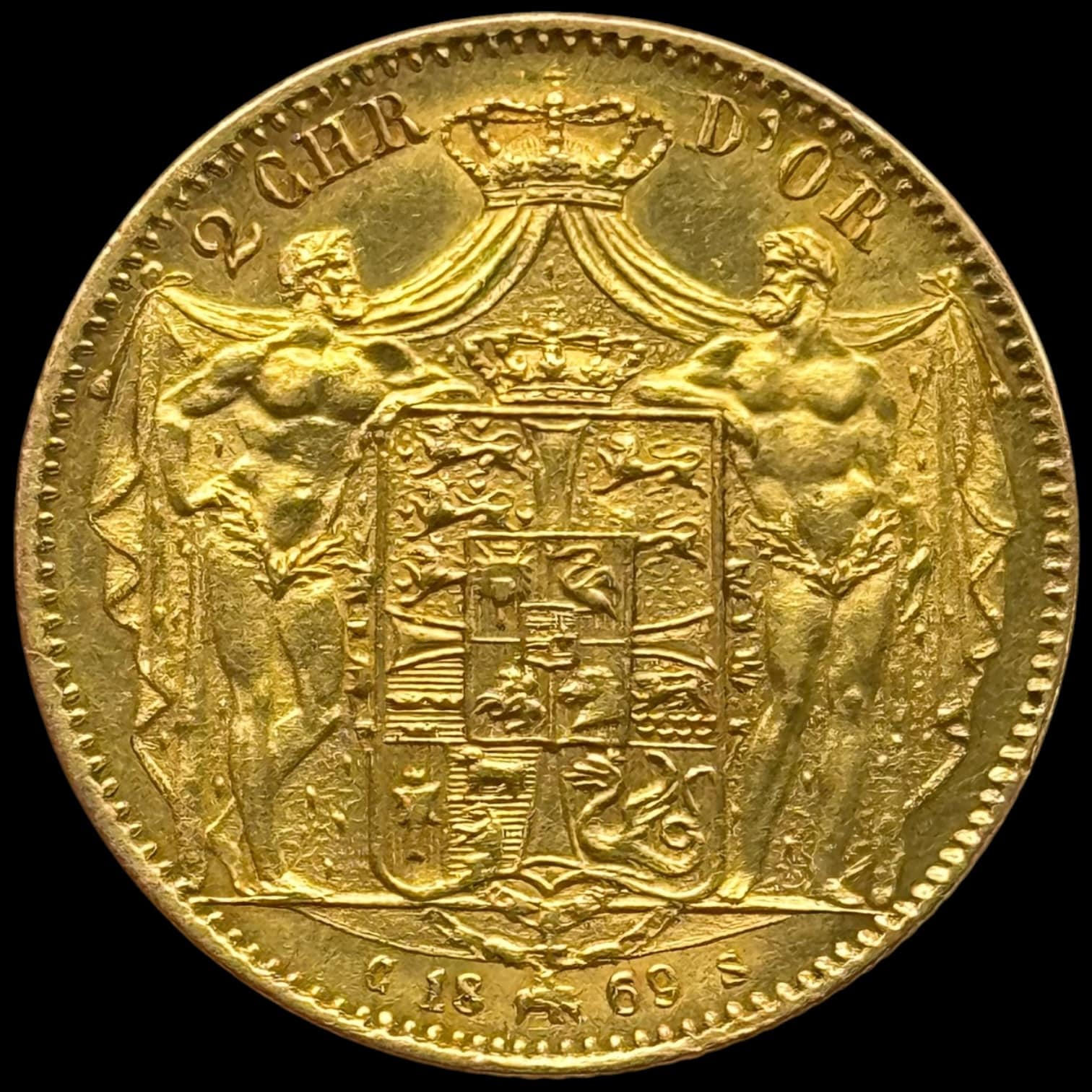 1869, 2 d'or 1869, Chr.IX, Sieg 7.2, Hede 1B, Kva. 01, smukt eksemplar af møntmester Svendsens sjældne type.