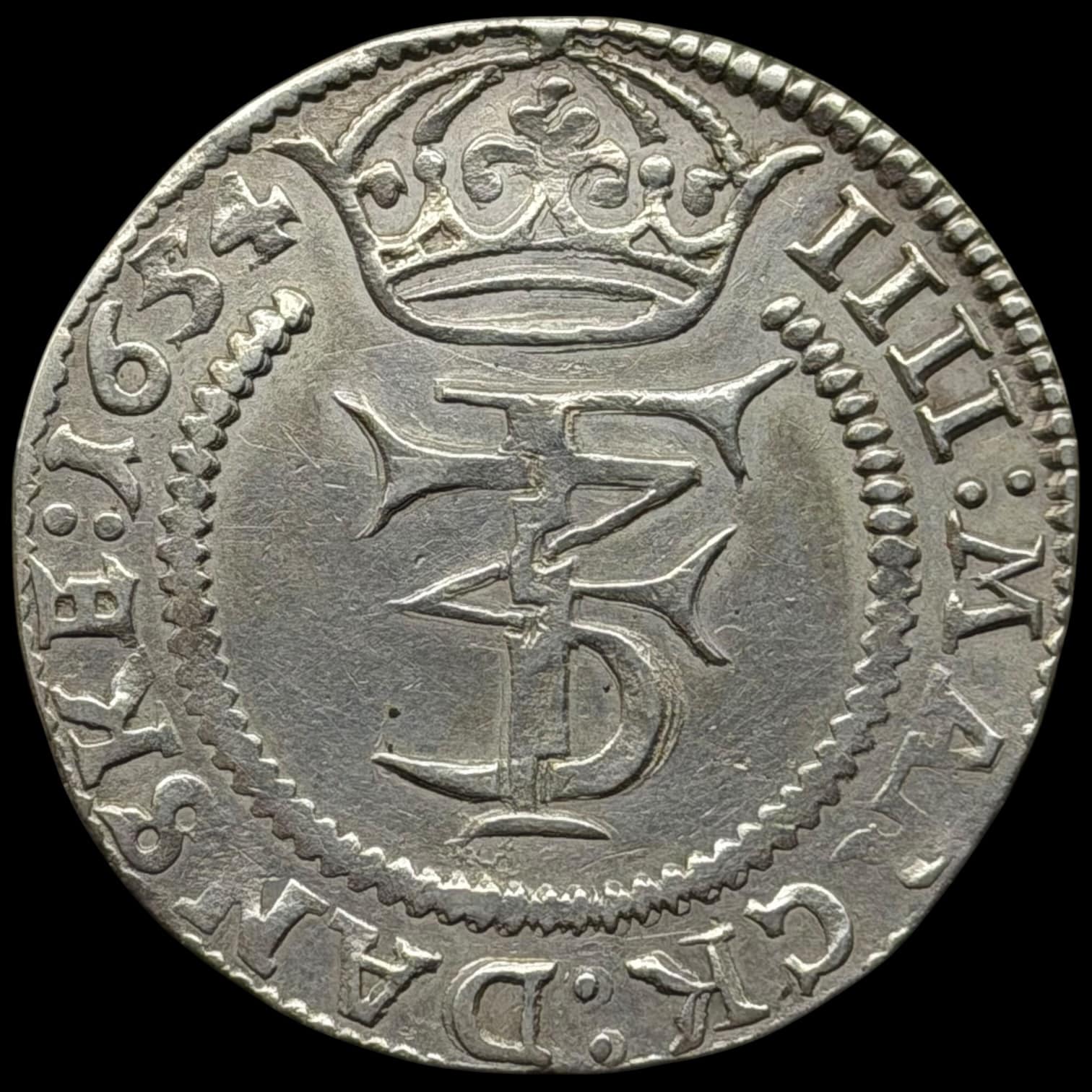 1654, 4 mark / krone, Fre.III, Sieg 49.1, Hede 95A, Aag. 45.4, Kva. 1+ "svage monteringspor" ex. BR 2541/5093