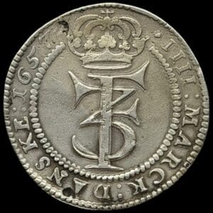 1657, 4 mark / krone, Fre.III, Sieg 47, Hede 92, Kva. 1+ "svag monteringspor på rand"