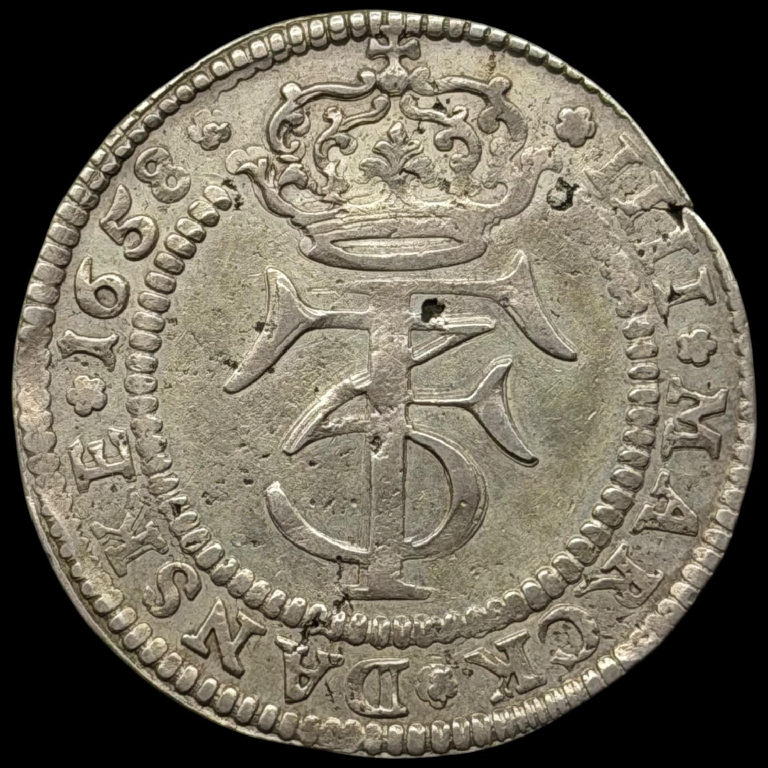 1658, 4 mark / krone, Sieg 49.1, Hede 95A, Kva. 1+-1