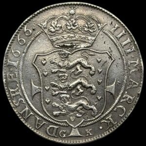 1666, 4 mark / krone, Fre.III, Sieg 59.1, Hede 113A, Aag. 103.1, Kva. 1+ "monteringspor på rand" ex. Visti Mørup BR 1525/5069