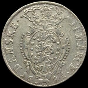 1694, 2 mark, Glückstadt, Chr.V, Sieg 136, Hede 126B, Kva. 1+