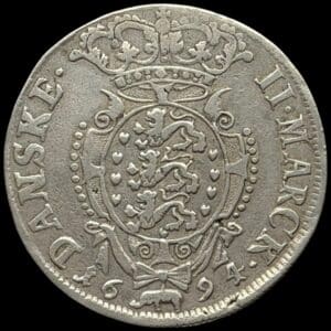 1694, 2 mark, Glückstadt, Chr.V, Sieg 135.1, Hede 126A, Kva. 1+ "Sjælden" Ex. BR 2537/5044