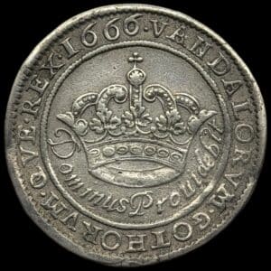 1666, 2 mark, Fre.III, Sieg 36.3, Hede 107B, Aag. 153.6, Kva. 1+-1 Uhyre sjælden type