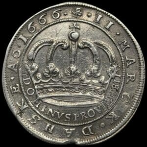 1666, 2 mark, Fre.III, Sieg 39.2, Hede 110B, Aag. 134.3, Kva. 1+ ejermærke