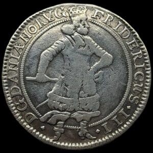 1665, 2 mark / 1/2 krone "pumphose halv-krone", Fre.III, Sieg 34, Hede 104, Kva. 1+, denne type er næsten altid svag præget.