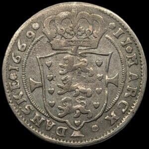 1669, 2 mark, Fre.III, Sieg 41, Hede 118, Aag. 140.3, Kva. 1+, Sjælden, ex. BR 2025/5062 2020