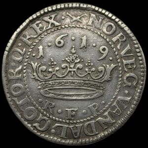 1619, 1 krone, Chr.IV, Sieg 84.9, Hede 106B, Kva. 1+