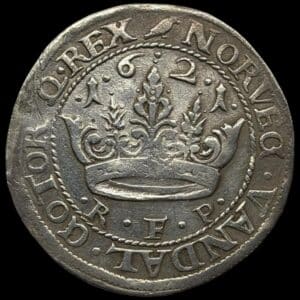 1621, 1 krone, Chr.IV, Sieg 84.12, Hede 106C, Kva. 1+-1 har været hængt