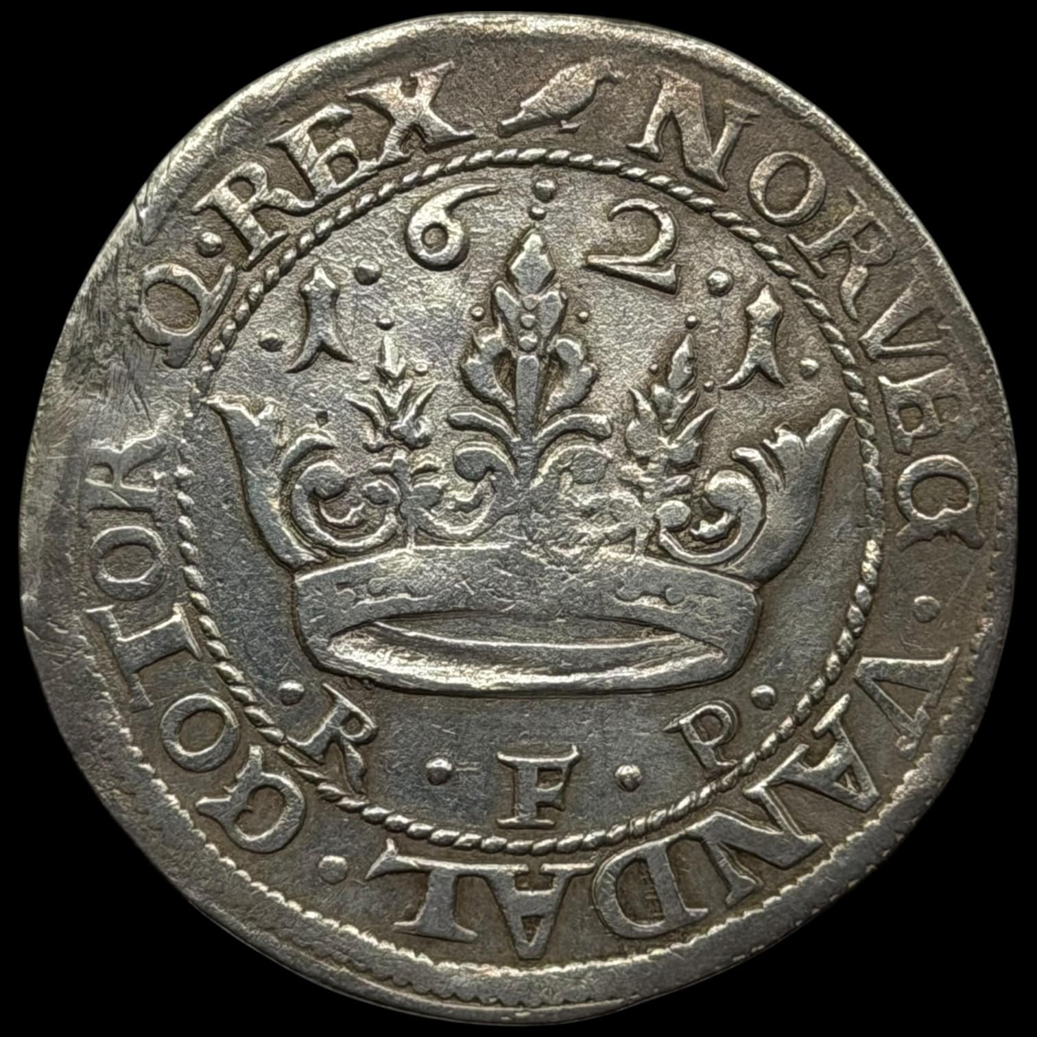 1621, 1 krone, Chr.IV, Sieg 84.12, Hede 106C, Kva. 1+-1 har været hængt