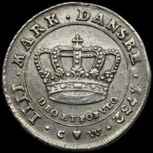 1732, 1 krone, Chr.VI, Sieg 5.2, Hede 4, Kva. 01-1+ renset, har været hængt kl.12