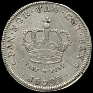 1699, Krone, Chr.V, Sieg 51.1, Hede 99A, Kva. 1+-1 "meget sjælden" ex. BR 2547/5164