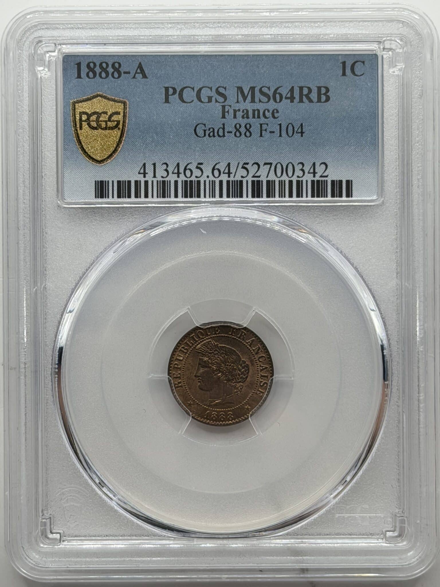 Frankrig, 1 Centime 1888 A, Gad 88, Fr. 104, KM 826, Kva. 0, Graderet MS 64 RB af PCGS