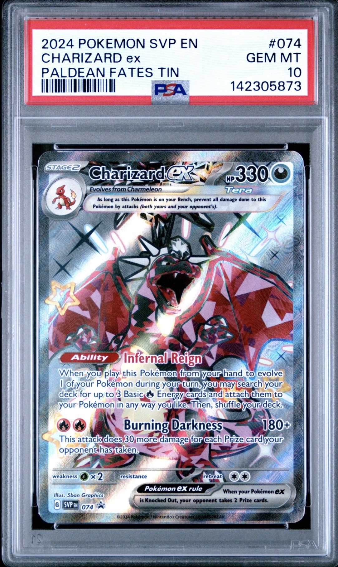 Pokemon TCG, 2024 Pokemon Scarlet and Violet Black Star Promo Paldean Fates Tin Charizard Ex #074 PSA 10