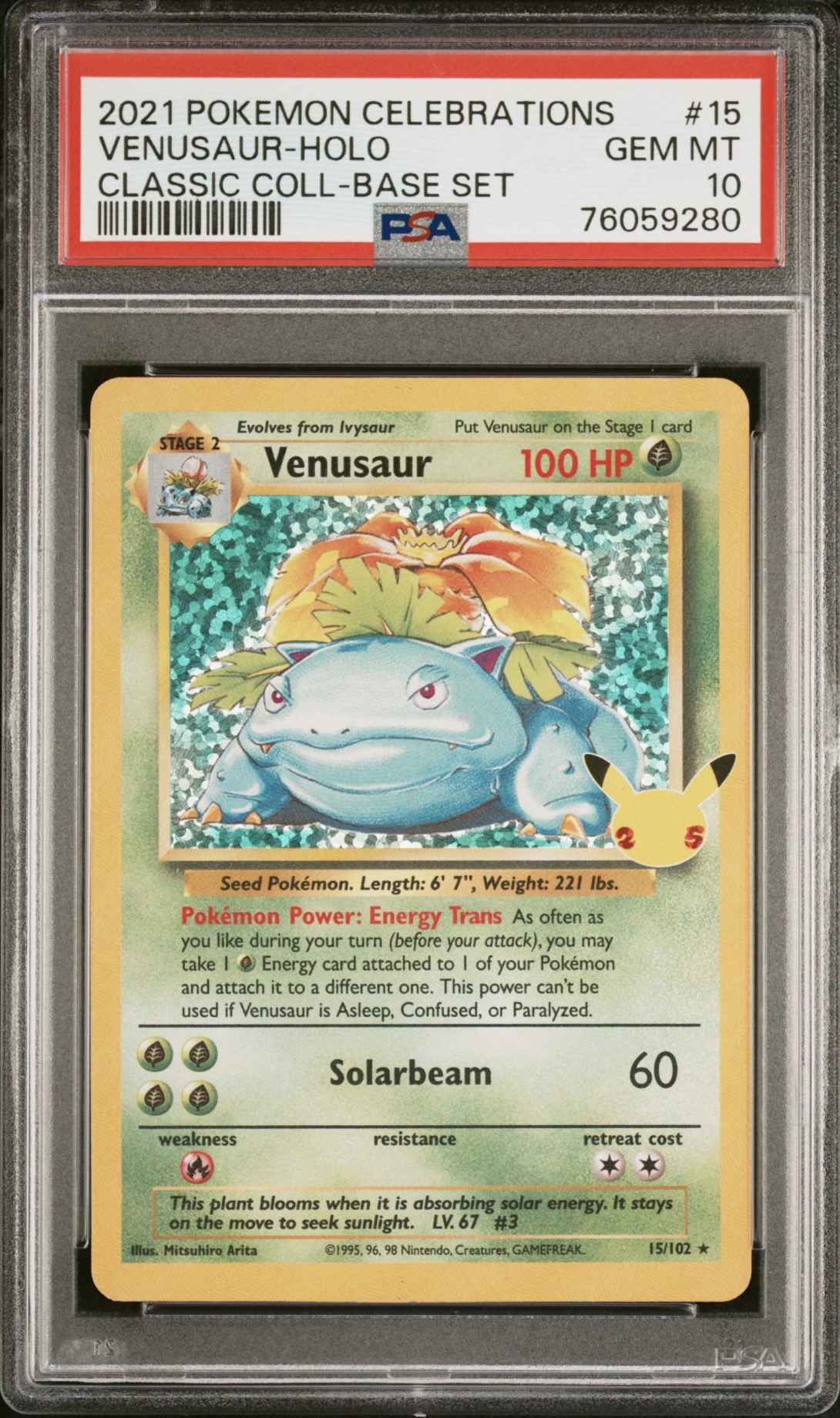 Pokemon TCG, 2021 Pokemon Celebrations Classic Collection Base Set Holo Venusaur #15 PSA 10