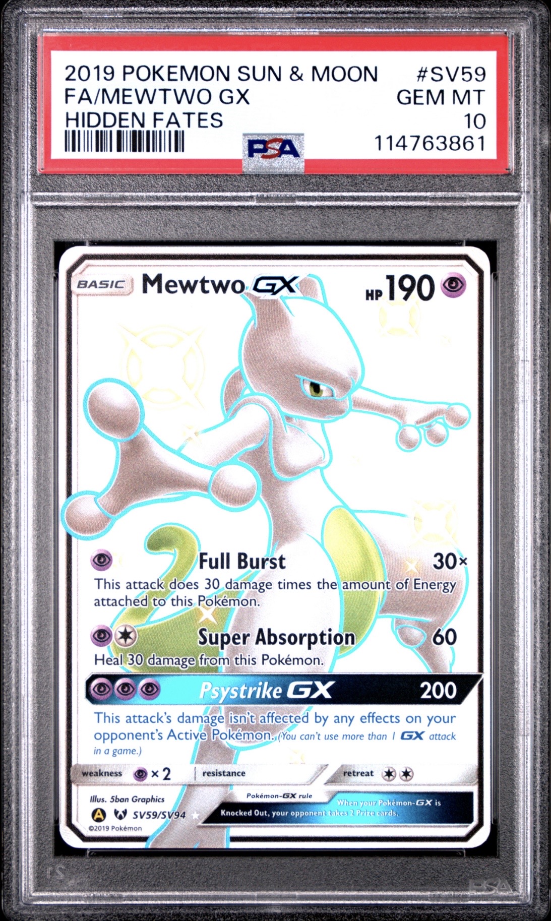Pokemon TCG, 2019 Pokemon Sun and Moon Hidden Fates Shiny Vault Mewtwo Gx #SV59, PSA 10