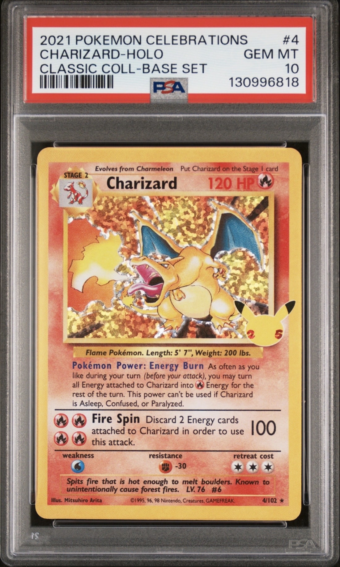 Pokemon TCG, 2021 Pokemon Sword and Shield Celebrations Classic Collection Base Set Holo Charizard #4, PSA 10