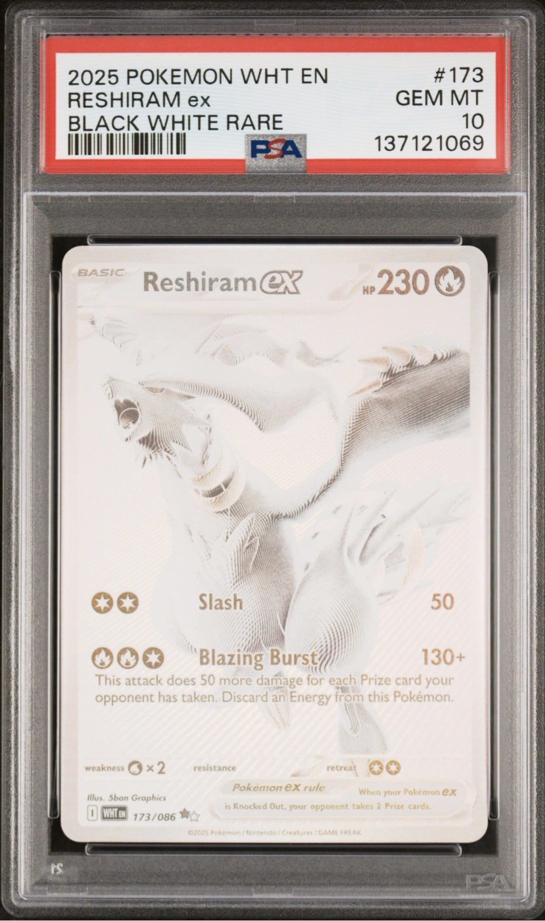 Pokemon TCG, 2025 Pokemon, Scarlet and Violet, White Flare Black White, Rare, Reshiram Ex #173, PSA 10