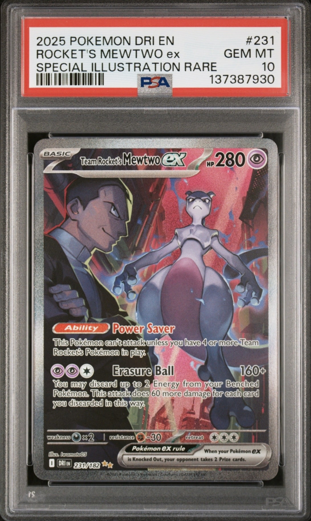 Pokemon TCG, 2025 Pokemon, Scarlet and Violet, Destined Rivals, Special Illustration Rare, Team Rocket’s Mewtwo Ex #231, PSA 10