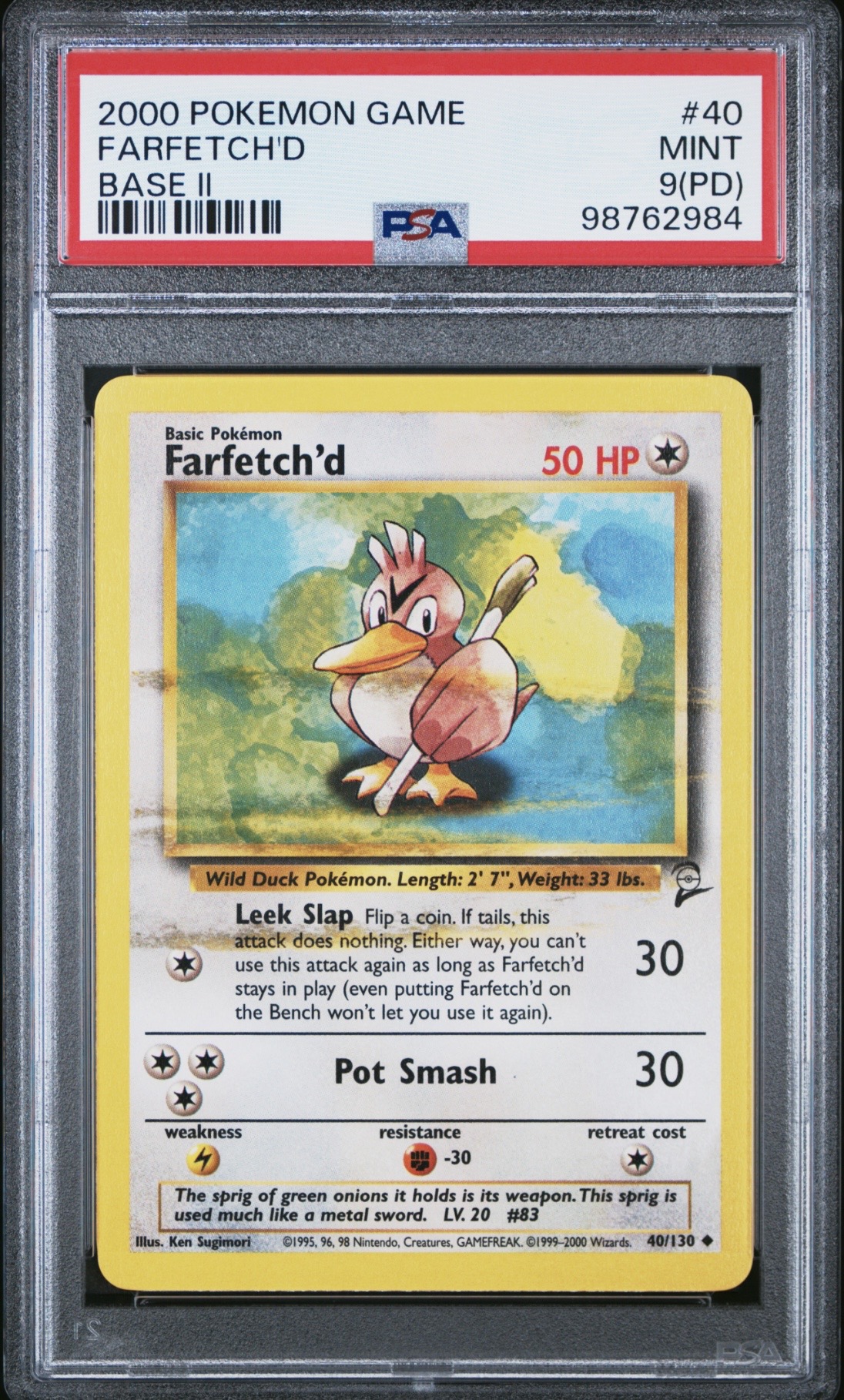 Pokemon TCG, 2000 Pokemon, Base Set 2, Farfetch'D #40, PSA 9 PD "Print Defect" Error card.