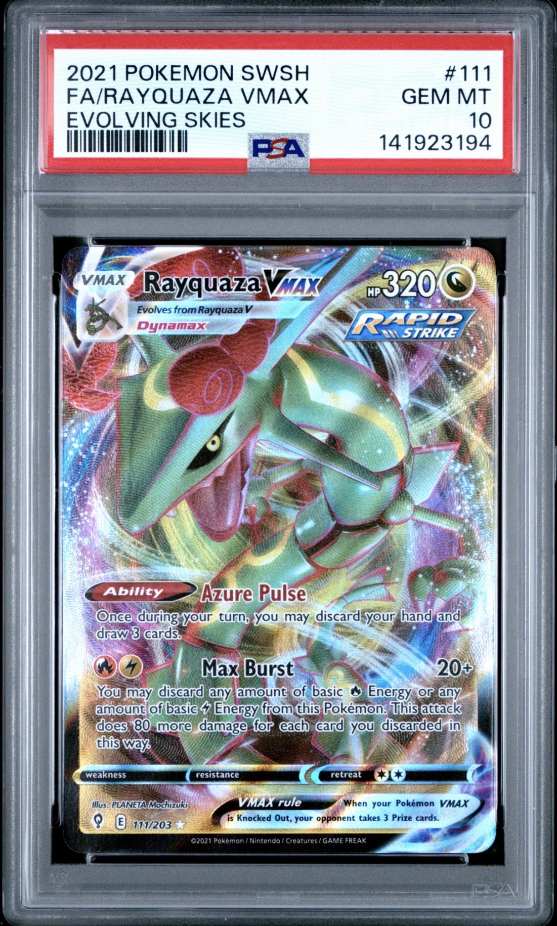 Pokemon TCG, 2021 Pokemon, Sword and Shield, Evolving Skies, Rayquaza Vmax #111, PSA 10