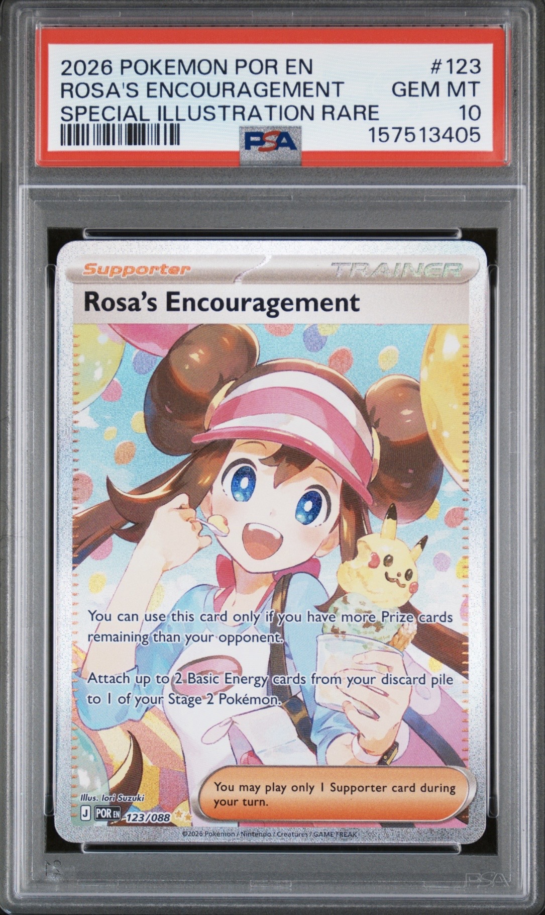 Pokemon TCG, 2026, Perfect Order – Por En – English, Speciel Illustration Rare, Holo, Rosa's Encouragement #123, PSA 10